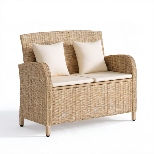 Dwuosobowa ławka ogrodowa z naturalnego rattanu z kremowymi poduszkami, beżowa, 135 × 75 × 85 cm