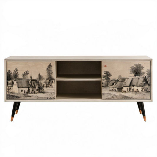 Beżowa szafka RTV z 2 drzwiami z płyty MDF z nadrukiem, 140 x 40 x 62 cm