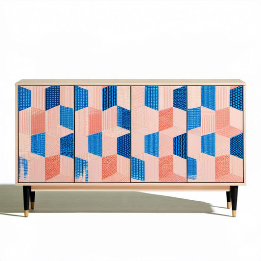 Kredens z płyty MDF jasnoróżowy z niebiesko-koralowym wzorem geometrycznym, 160 x 40 x 85 cm